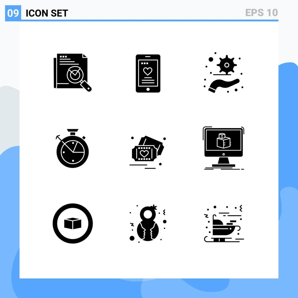 grupo de 9 glifos sólidos modernos definidos para dados de amor desde o relógio de casamento medem elementos de design vetorial editáveis vetor