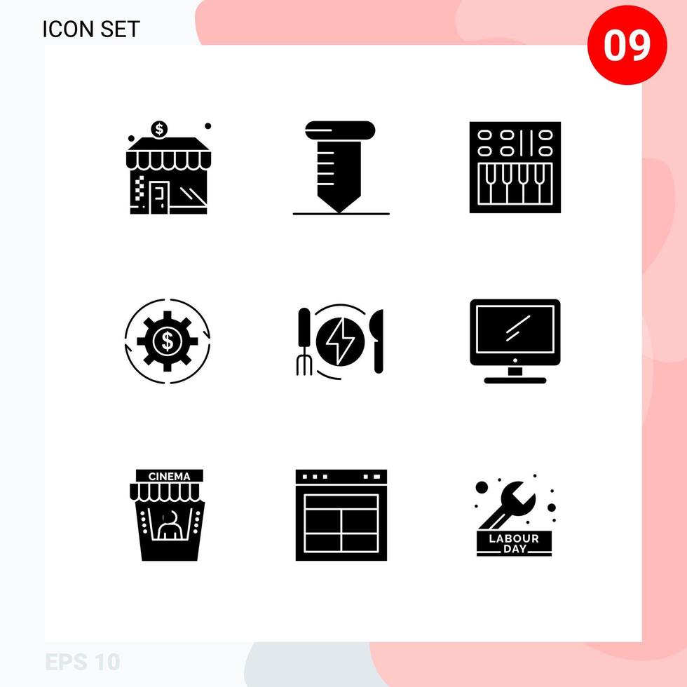 grupo de 9 glifos sólidos modernos definidos para dinheiro fazem elementos de design de vetores editáveis de receita de alto-falante