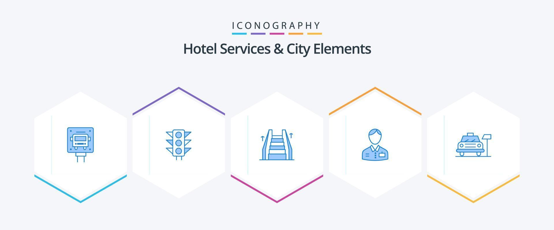 serviços de hotel e elementos da cidade 25 pacote de ícones azuis, incluindo carro. hotel. escada. porteiro. Mensageiro de hotel vetor