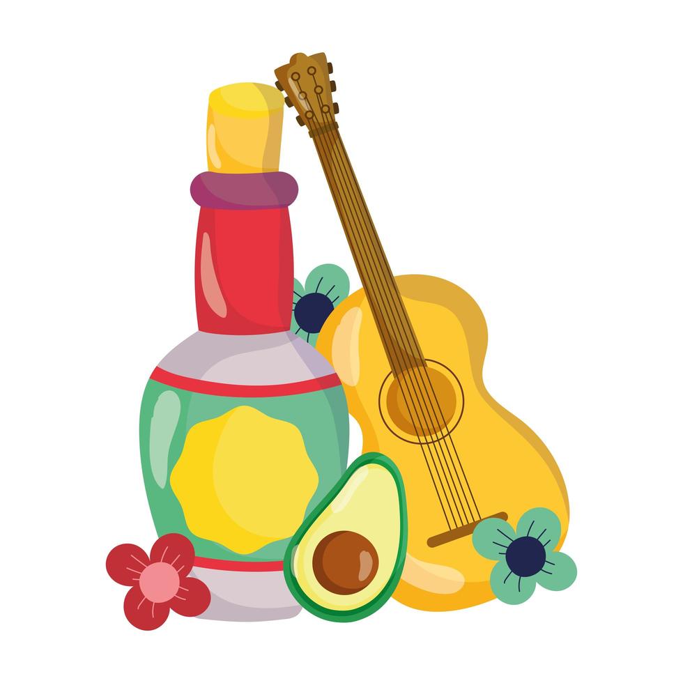 dia da independência mexicana, garrafa de guitarra tequila flores de abacate, viva mexico é comemorado em setembro vetor