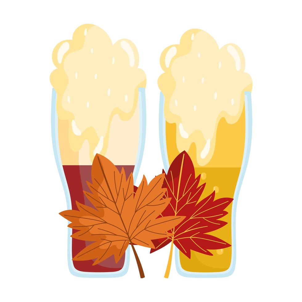festival oktoberfest, espuma de cerveja e folhas de bordo, celebração tradicional alemã vetor