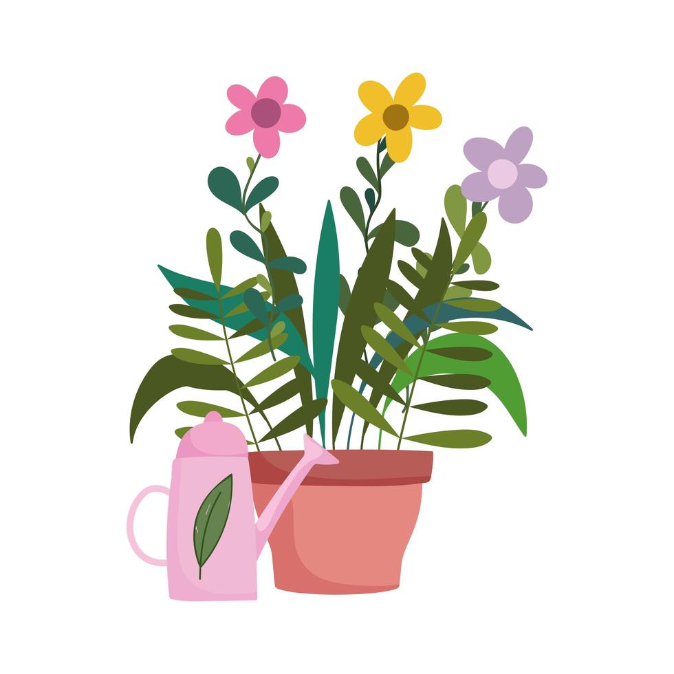 jardinagem, flores em vasos e regador estilo de ícone isolado da natureza vetor