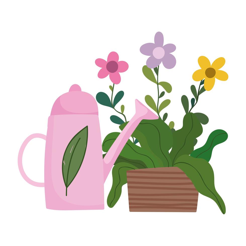 feliz jardim, regador e flores na decoração de vasos vetor