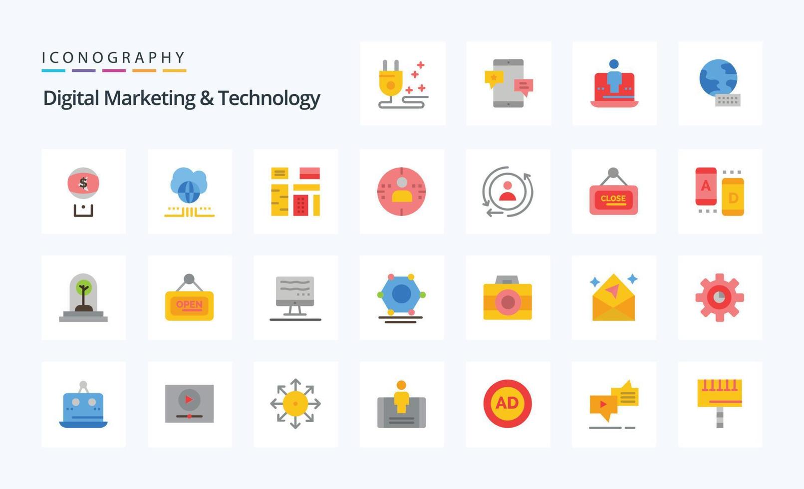 25 marketing digital e pacote de ícones de cores planas de tecnologia vetor