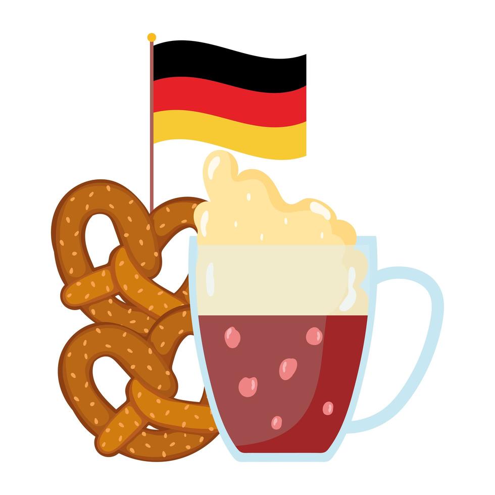 festival oktoberfest, pretzels de cerveja e bandeira, celebração tradicional alemã vetor