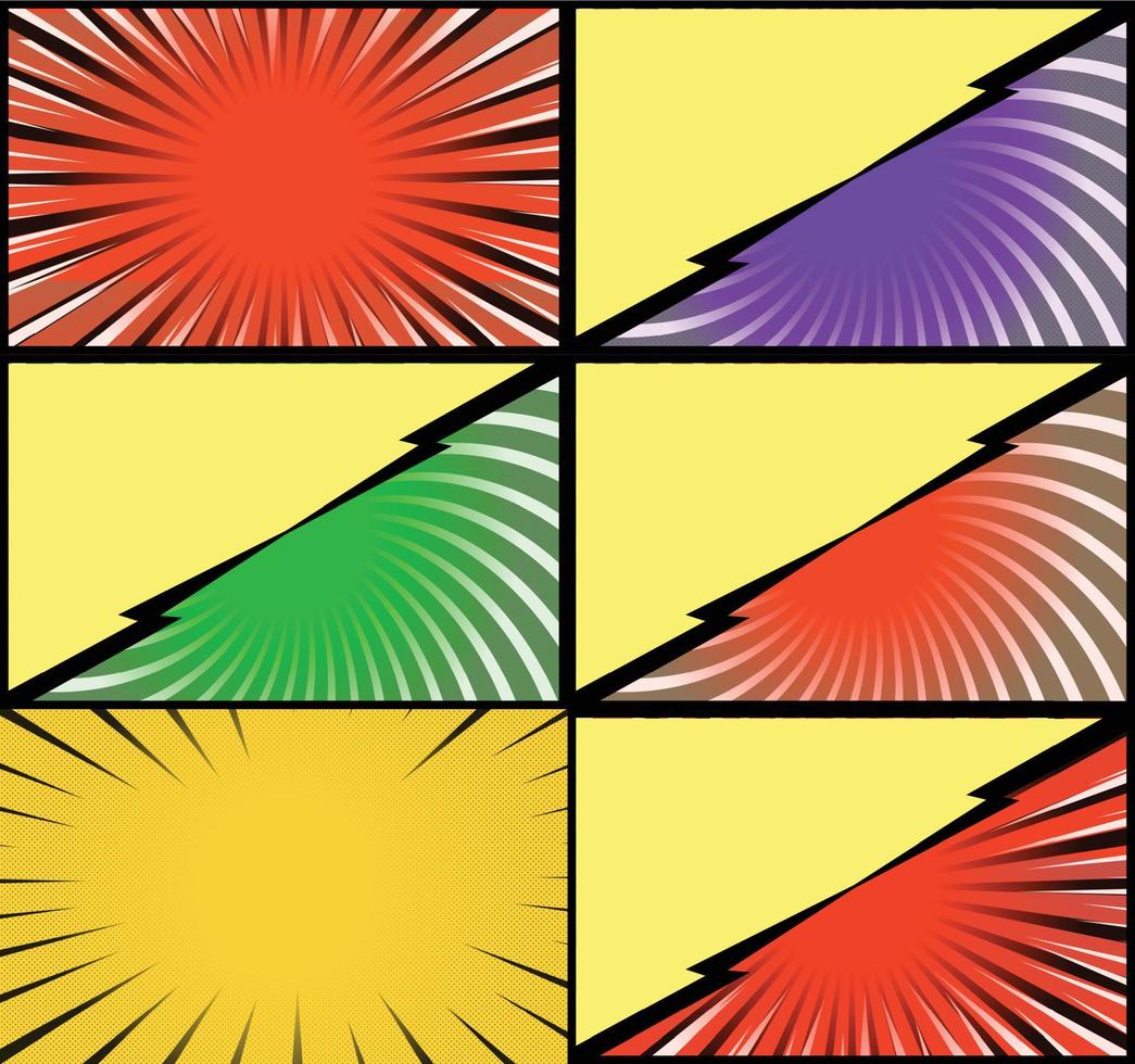 fundo de quadros coloridos de quadrinhos com raios de meio-tom radial e efeitos pontilhados estilo pop art vetor