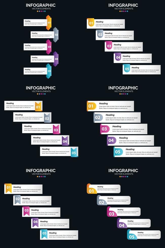 modelo de slide de apresentação de pacote de infográficos vetor 6 diagramas de ciclo de 5 etapas e linhas do tempo