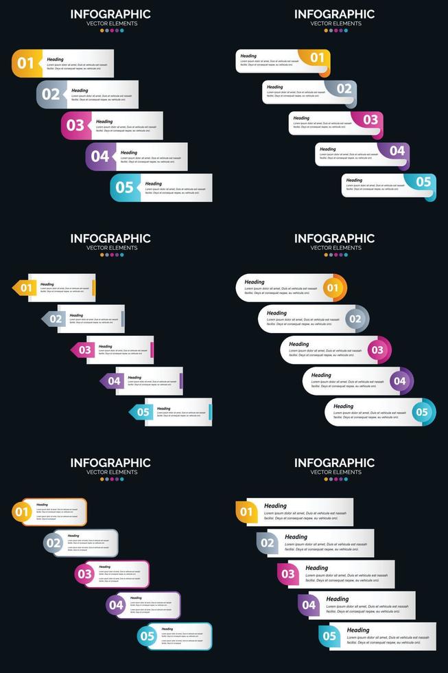 modelo de slide de apresentação de pacote de infográficos vetor 6 diagramas de ciclo de 5 etapas e linhas do tempo