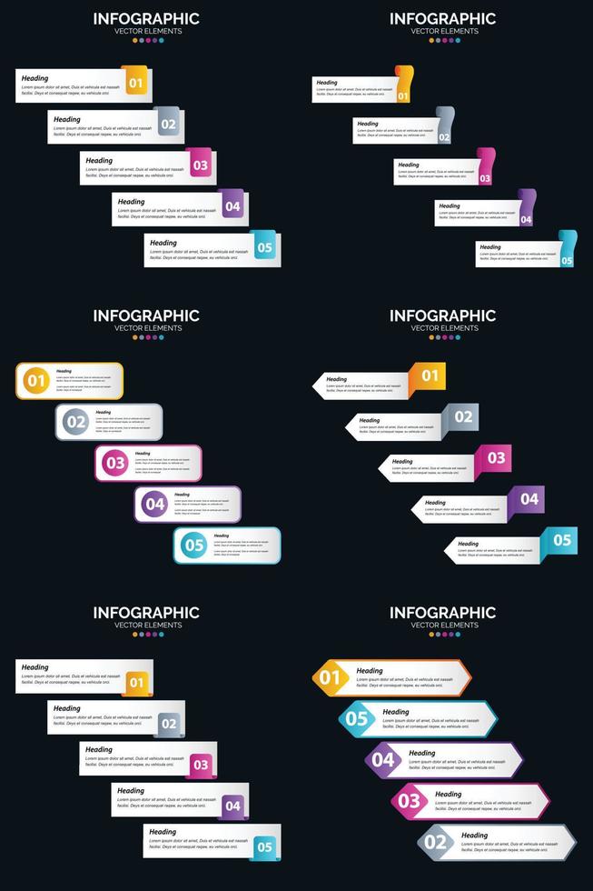 modelo de slide de apresentação de pacote de infográficos vetor 6 diagramas de ciclo de 5 etapas e linhas do tempo