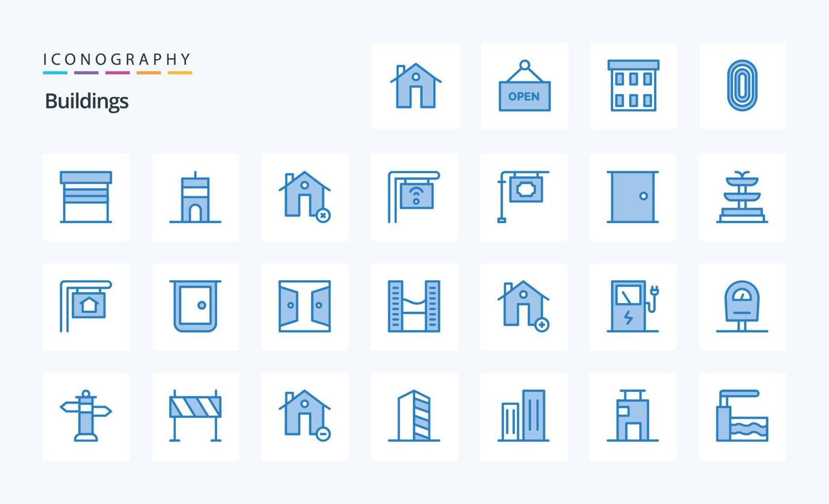 pacote de ícones azuis de 25 edifícios vetor