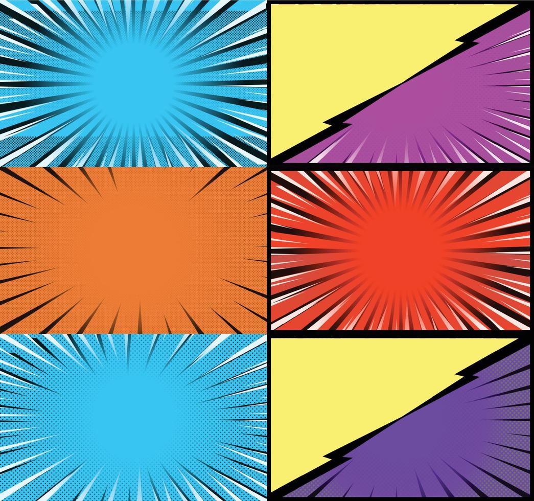 fundo de quadros coloridos de quadrinhos com raios de meio-tom radial e efeitos pontilhados estilo pop art vetor