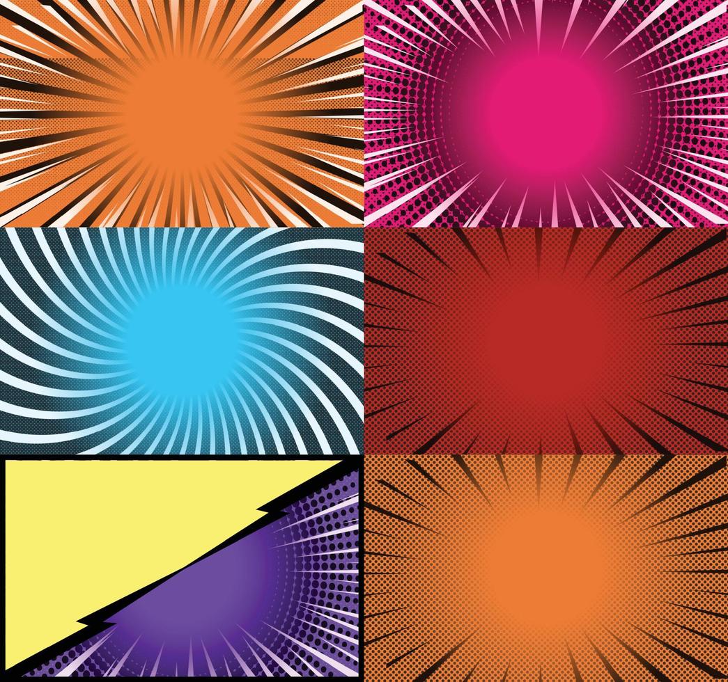 fundo de quadros coloridos de quadrinhos com raios de meio-tom radial e efeitos pontilhados estilo pop art vetor