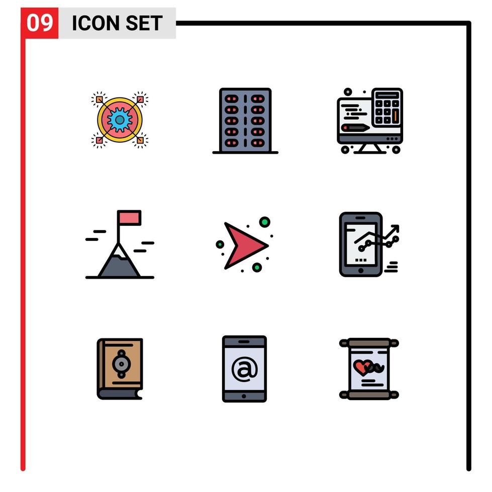 conjunto de cores planas de linha preenchida de interface móvel de 9 pictogramas de setas de interface de aventura de forma de montanha elementos de design de vetores editáveis