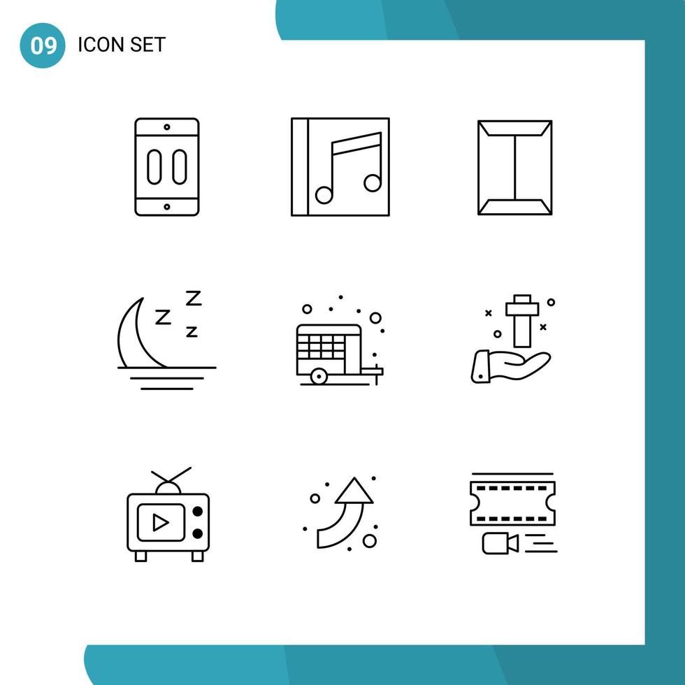 conjunto de esboço de interface móvel de 9 pictogramas de caixa de música nebulosa da natureza elementos de design de vetores editáveis abertos