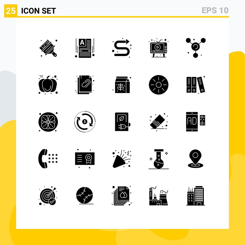 conjunto de glifos sólidos de interface móvel de 25 pictogramas de elementos de design de vetor editável de setas de jogo atômico