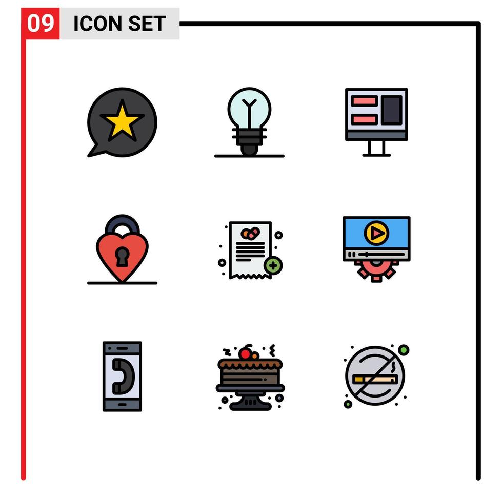 pacote de 9 sinais e símbolos modernos de cores planas de linha preenchida para mídia de impressão na web, como elementos de design de vetor editável de bloqueio privado de grinalda de médico
