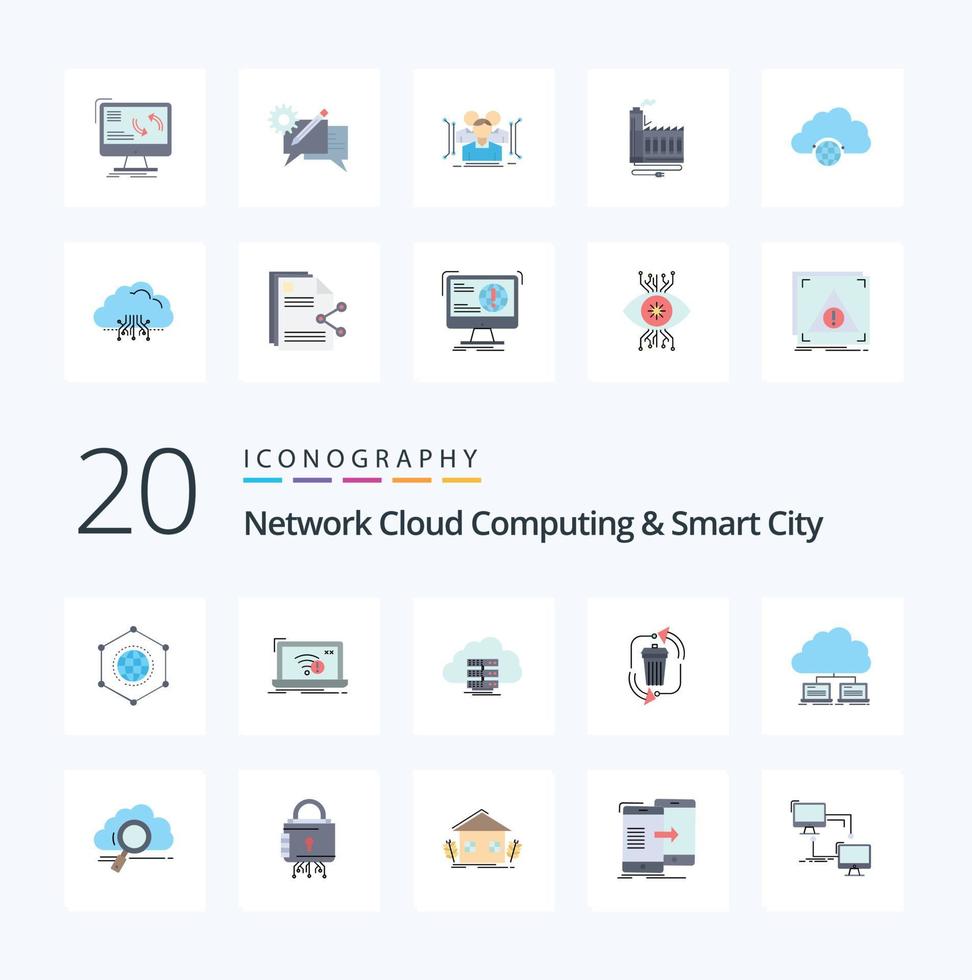 Computação em nuvem de 20 redes e pacote de ícones de cores planas de cidades inteligentes, como desperdício de lixo, computação de fluxo perdido vetor