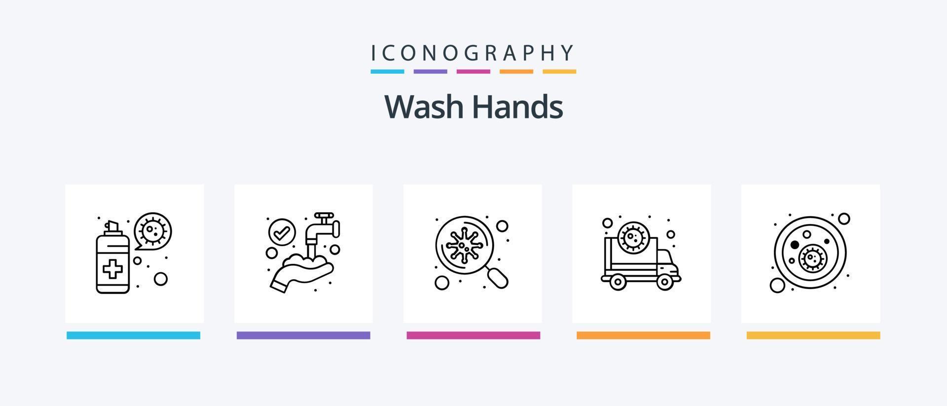 lave as mãos linha 5 pacote de ícones incluindo corona. loção. covid. bactérias. covid. design de ícones criativos vetor