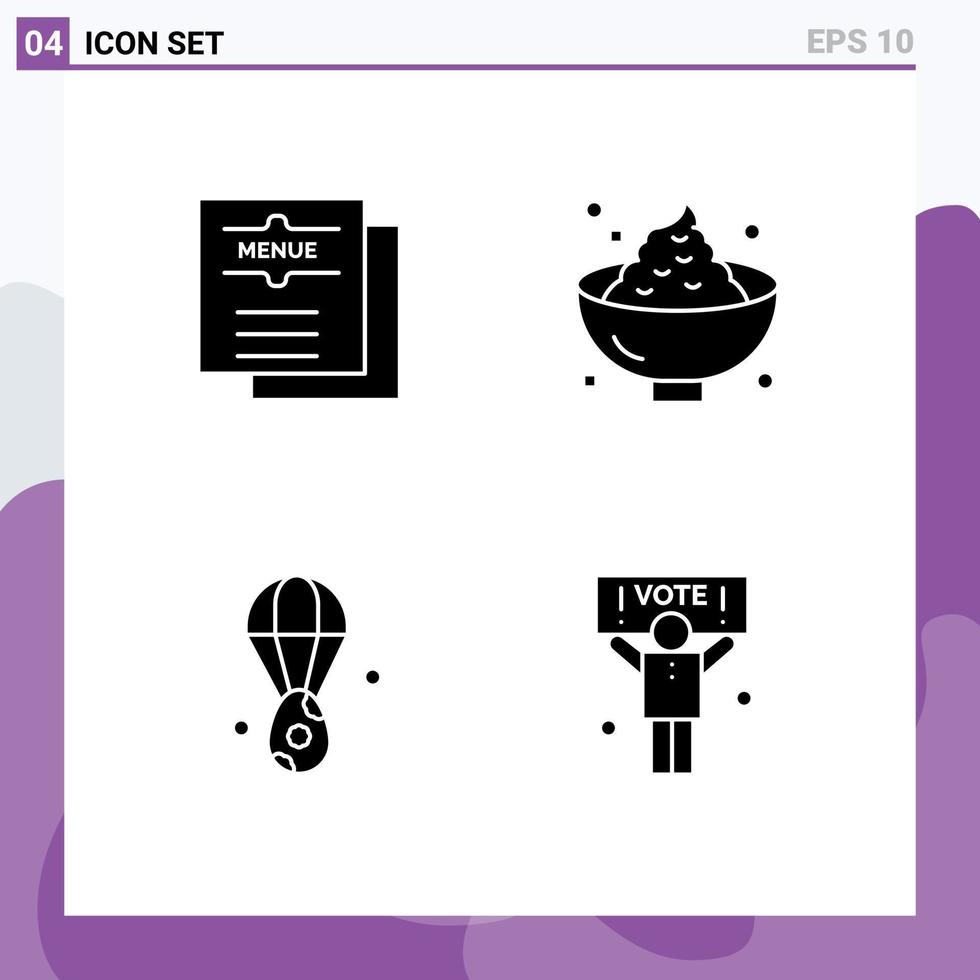 conjunto de glifos sólidos de interface móvel de 4 pictogramas de menu de batata de café comida orelha elementos de design de vetores editáveis