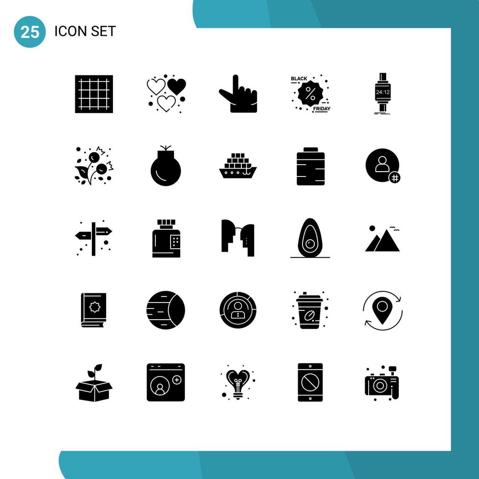 Pacote de glifos sólidos de 25 interfaces de usuário de sinais e símbolos modernos de promoção de reprodução de relógio inteligente com desconto elementos de design de vetores editáveis