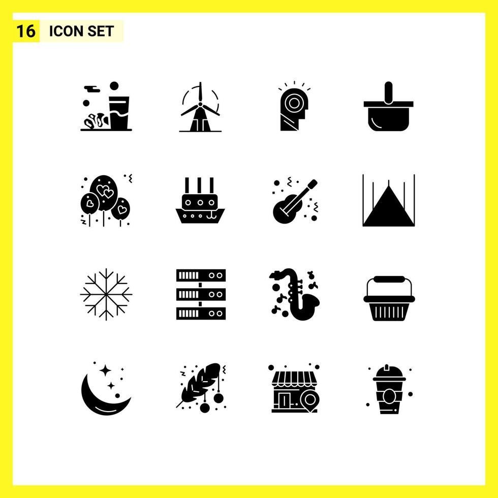 pacote de 16 sinais e símbolos de glifos sólidos modernos para mídia impressa na web, como chapéu de comida de moinho de vento de férias de balão elementos de design vetorial editáveis vetor