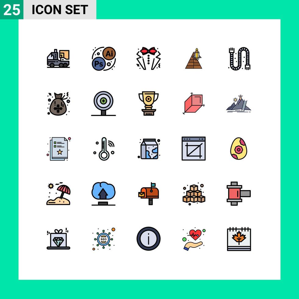 pacote de cores planas de linha preenchida de 25 símbolos universais de elementos de design de vetores editáveis de laço de estação de proa de aeronaves de lançamento