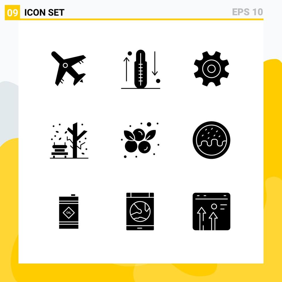 pacote de interface do usuário de 9 glifos sólidos básicos de engrenagens de árvores de mirtilos planta outono elementos de design de vetores editáveis