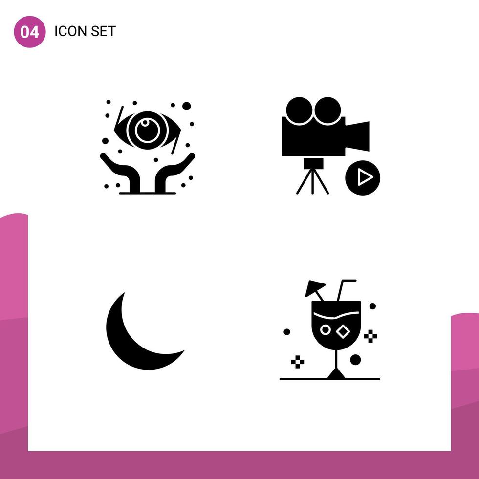conjunto de glifos sólidos de interface móvel de 4 pictogramas de elementos de design de vetor editável natural de filme de câmera noturna de proteção