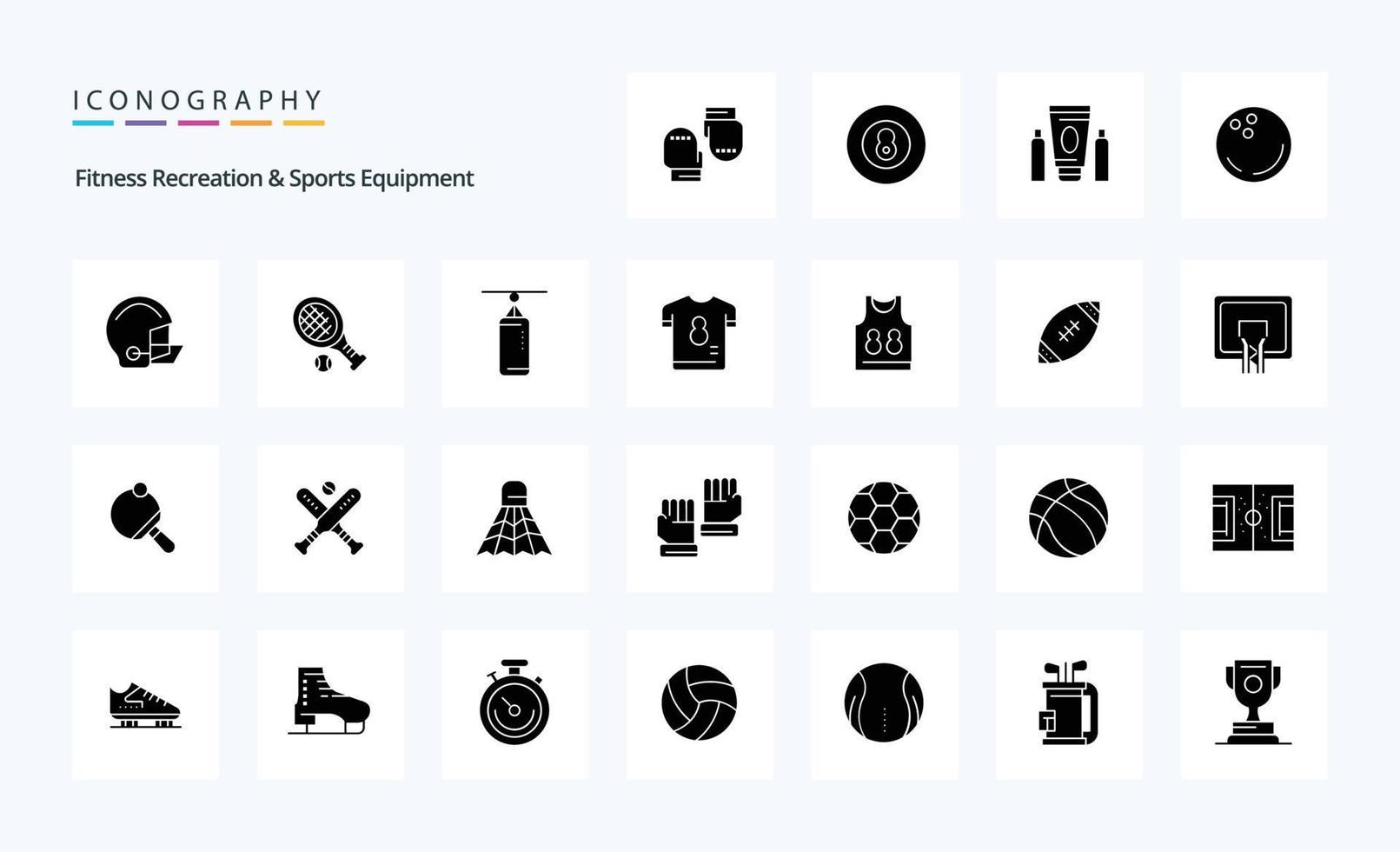 25 equipamentos esportivos e recreativos de fitness pacote de ícones de glifos sólidos vetor