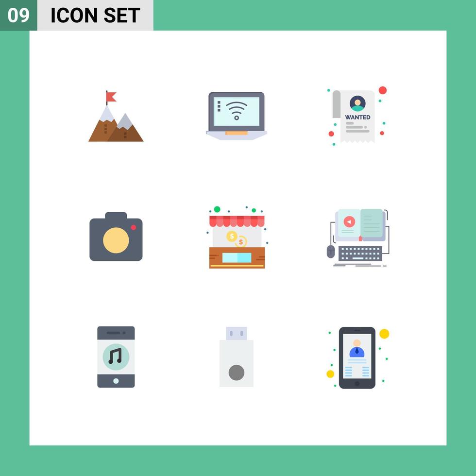 Conceito de 9 cores planas para sites móveis e aplicativos imagem imagem computador câmera estado elementos de design vetoriais editáveis vetor