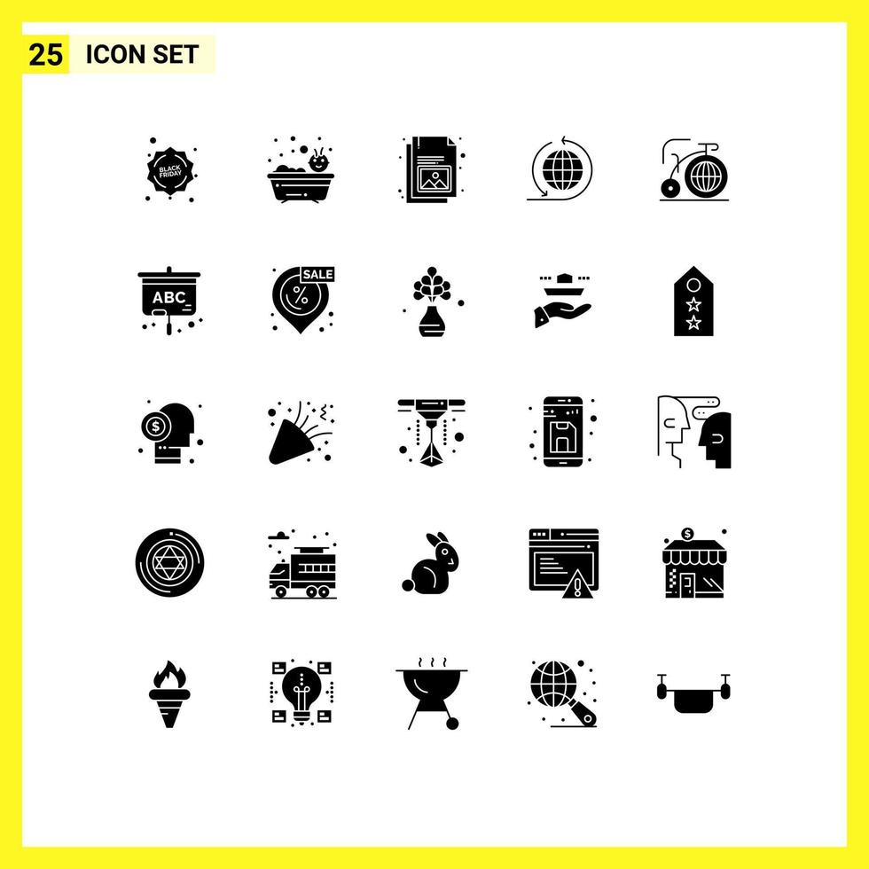 25 sinais de glifos sólidos universais, símbolos de documento de bicicleta de inspiração, elementos de design de vetores editáveis de rede de grandes empresas
