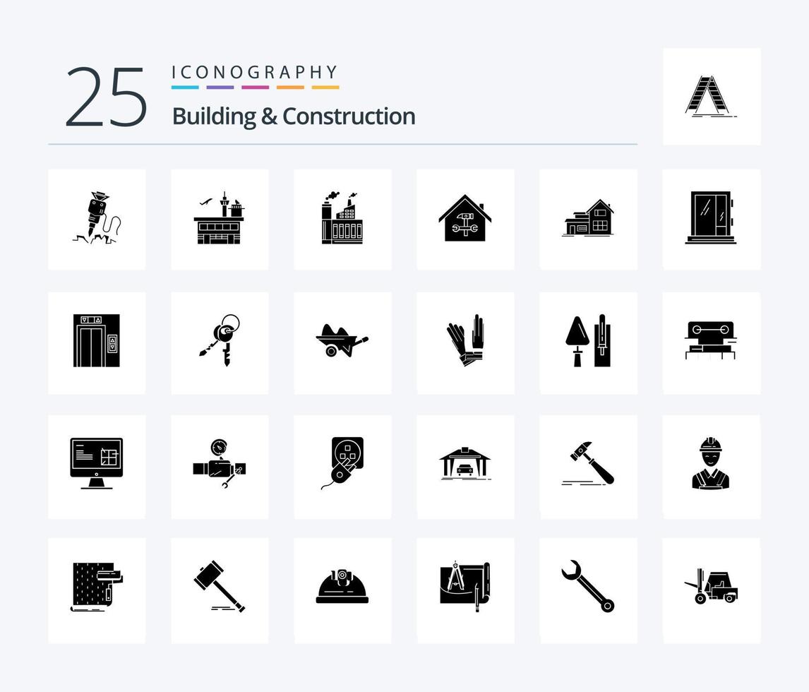 construção e construção 25 pacote de ícones de glifos sólidos, incluindo construção. fumaça. transito. fábrica. prédio vetor