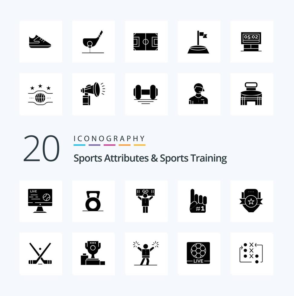 20 atributos esportivos e pacote de ícones de glifos sólidos de treinamento esportivo, como jogo de futebol, tiro de futebol vetor