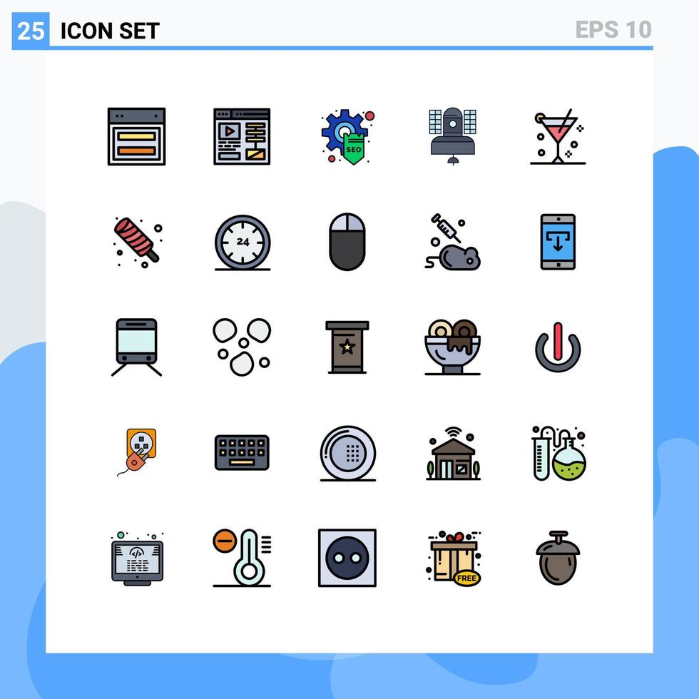 pacote de interface do usuário de 25 cores planas de linha preenchida básica de desenvolvimento de comunicação de álcool, transmissão por satélite, elementos de design vetorial editável vetor