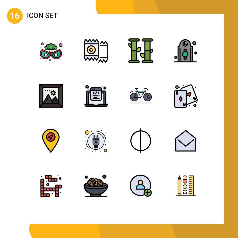 16 interface do usuário pacote de linhas preenchidas com cores planas de sinais e símbolos modernos da galeria de imagens natureza mesquita islã elementos de design de vetores criativos editáveis