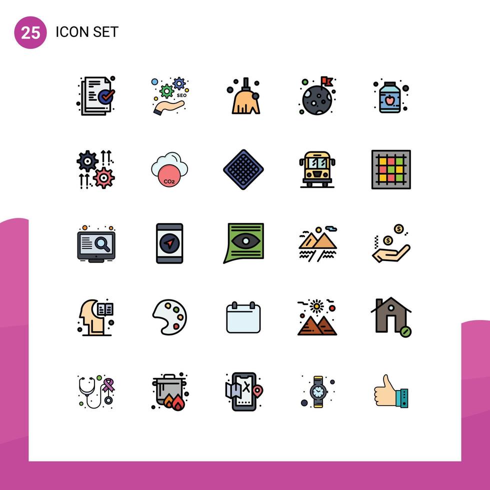 pacote de linha vetorial editável de 25 cores planas de linha preenchida simples de conservas bebê planeta limpo lua elementos de design vetorial editáveis vetor