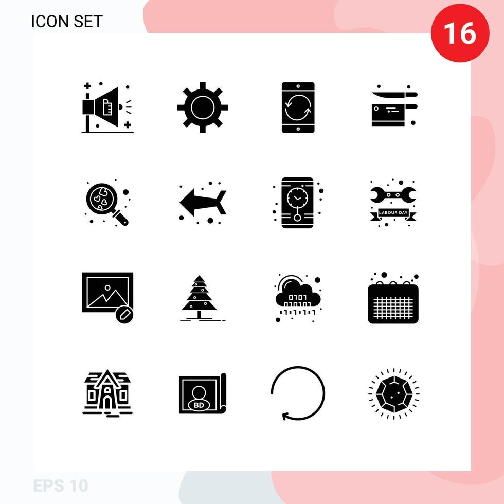 grupo de 16 glifos sólidos modernos definidos para utensílio de celular de faca de amor cozinhando elementos de design de vetores editáveis