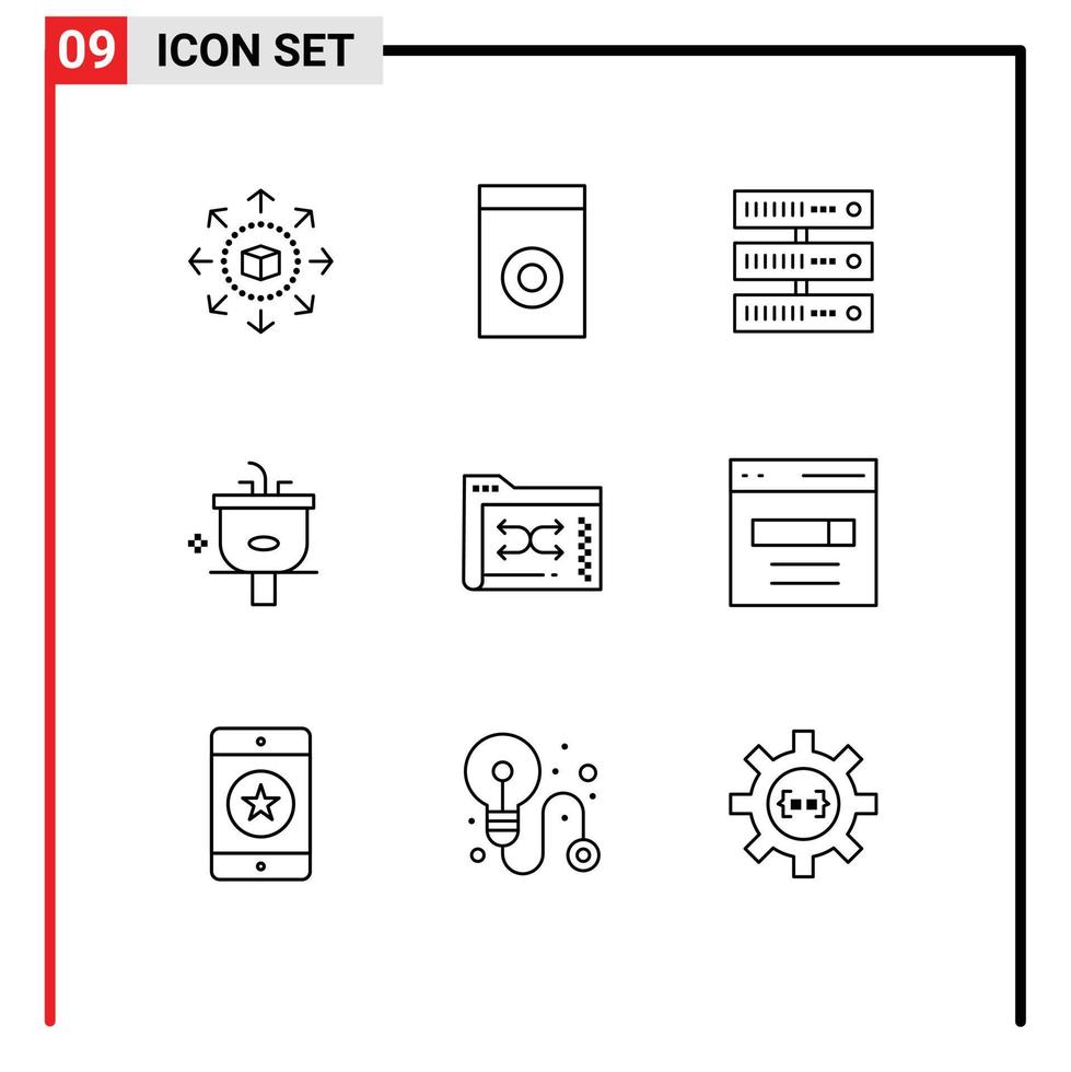 conjunto moderno de pictograma de 9 contornos de elementos de design de vetores editáveis de chuveiro de dados de lavagem de dados