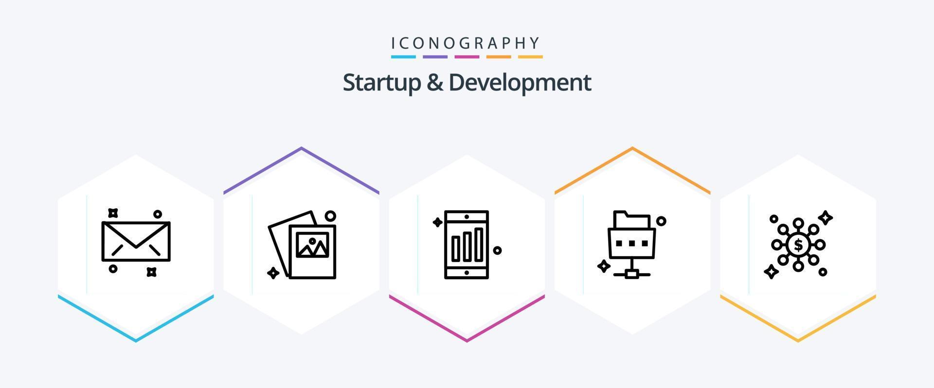 pacote de ícones de 25 linhas de inicialização e desenvolvimento, incluindo . . gráfico. rede. dólar vetor