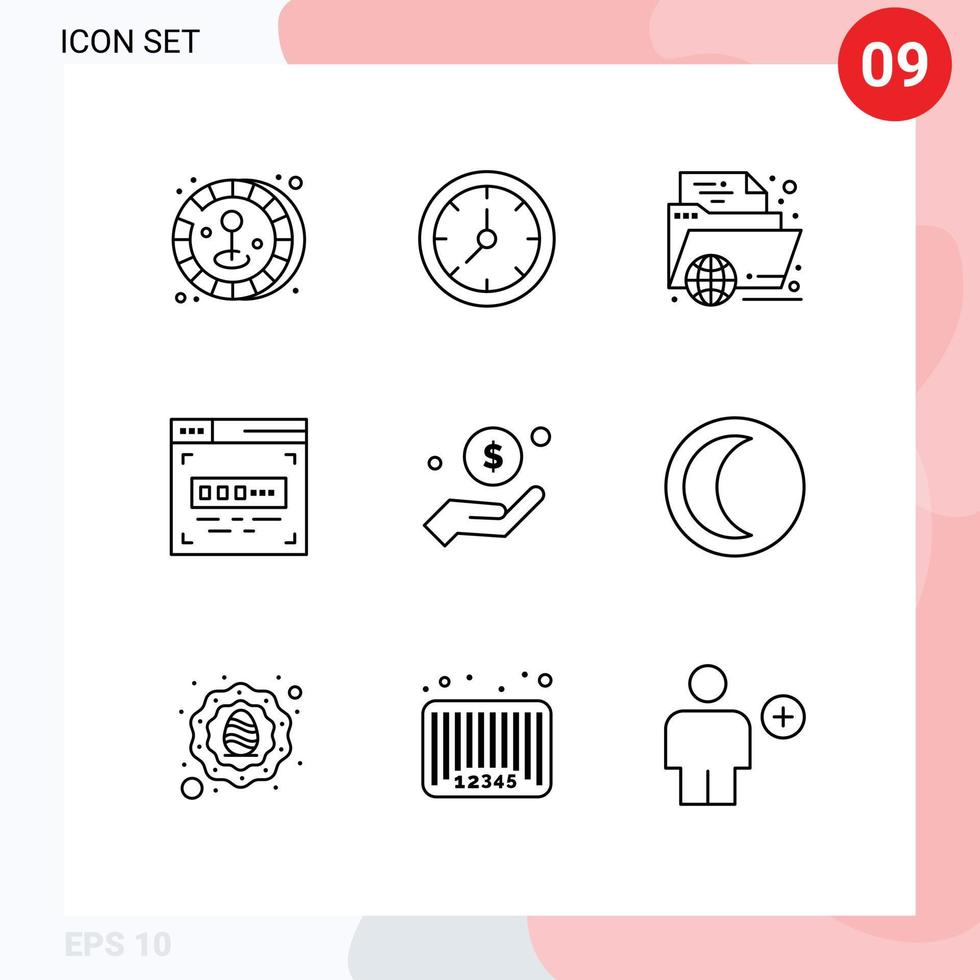 pacote de ícones de vetores de ações de 9 sinais e símbolos de linha para desenvolvimento de front-end, codificador de aprendizagem de elementos de design de vetores editáveis on-line
