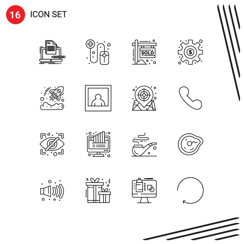 conjunto moderno de 16 contornos pictográficos de elementos de design de vetores editáveis de dinheiro de casa de negócios de investimento