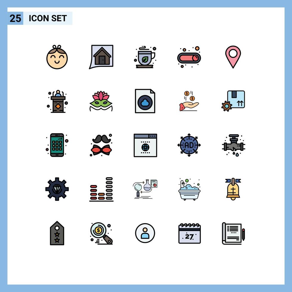 Pacote de cores planas de linha cheia de 25 interfaces de usuário de sinais e símbolos modernos de localização de pinos, alternância verde em elementos de design vetorial editáveis vetor