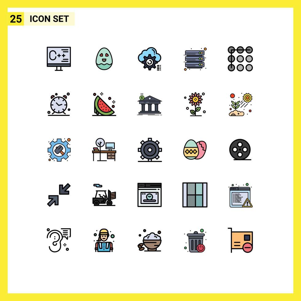 pacote de 25 sinais e símbolos modernos de cores planas de linha preenchida para mídia de impressão na web, como arquivos de bloqueio servidor de nuvem de engrenagem configurar elementos de design de vetores editáveis