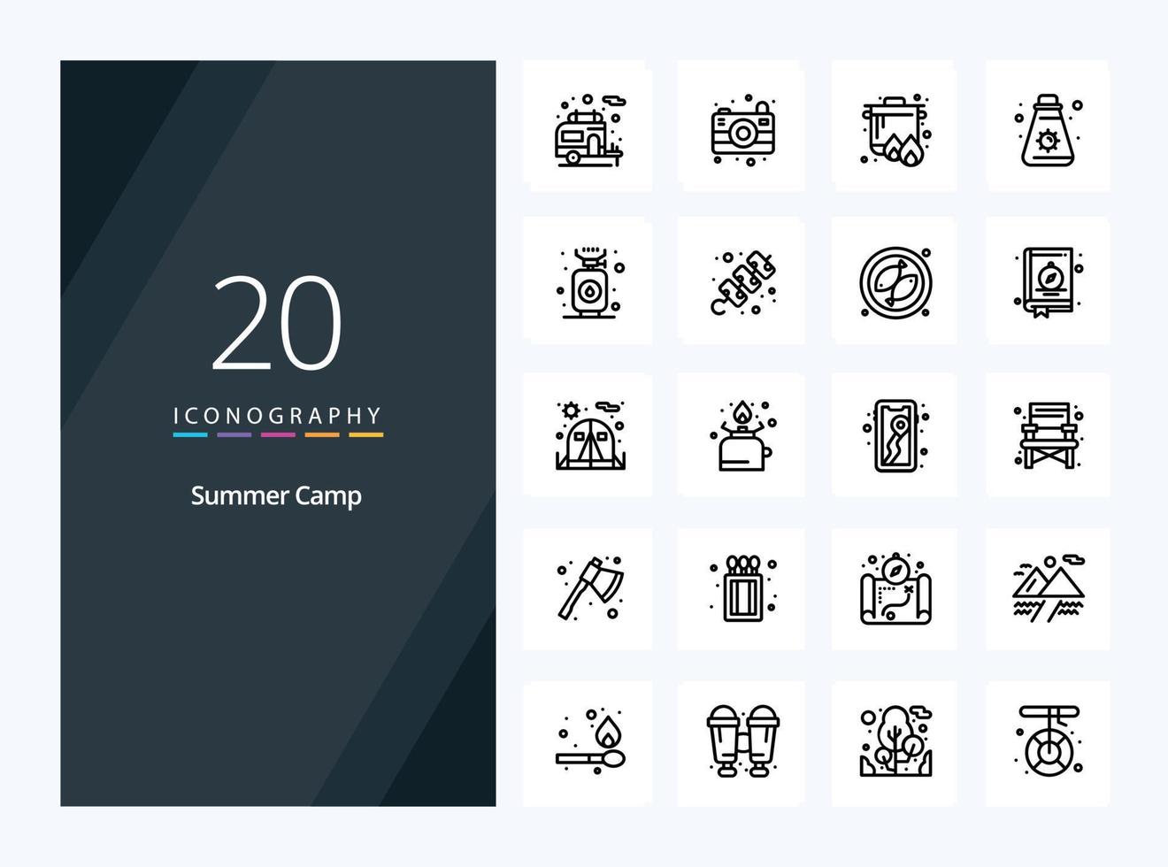 20 ícone de contorno do acampamento de verão para apresentação vetor