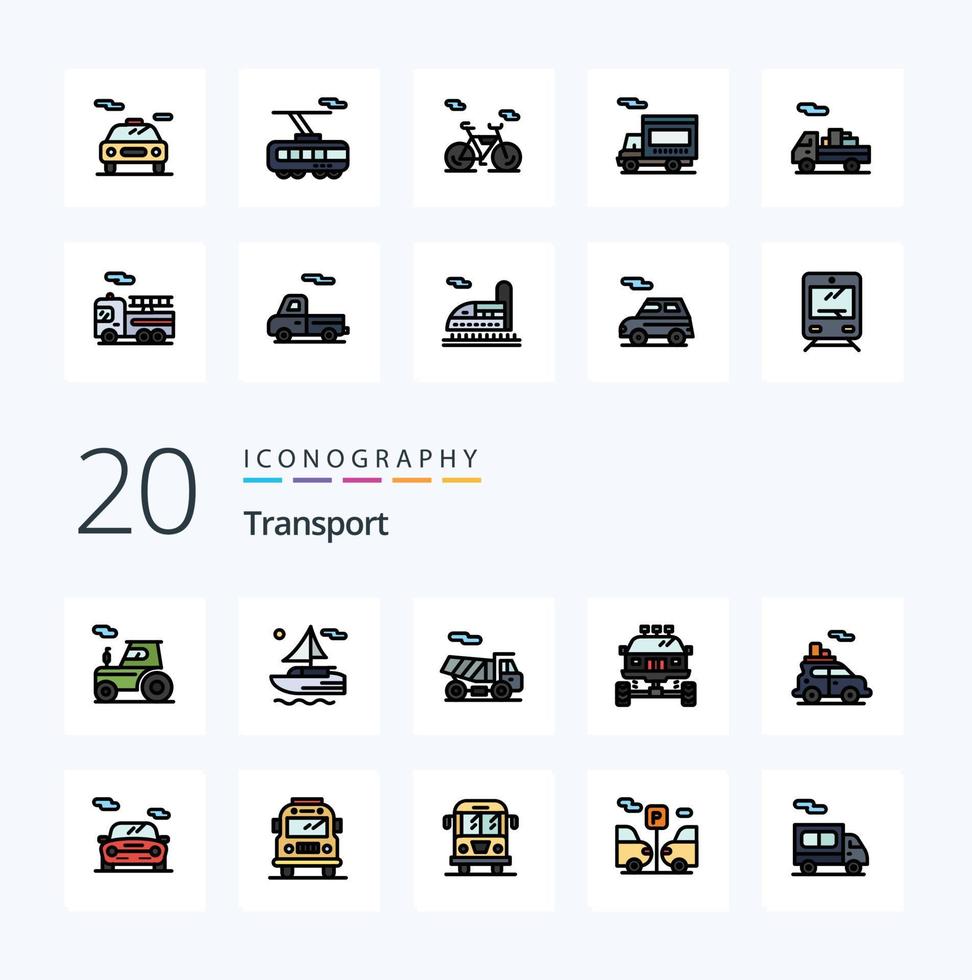 Pacote de ícones de cores cheias de 20 linhas de transporte, como trem de bicicleta elétrica de transporte de transporte vetor