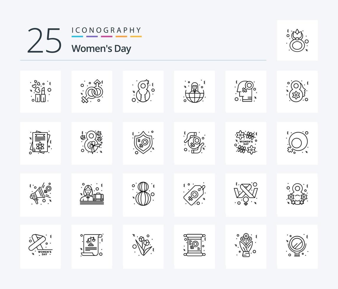 pacote de ícones de linha do dia 25 das mulheres, incluindo homófilo. feminismo. fêmea. mundo. no mar vetor