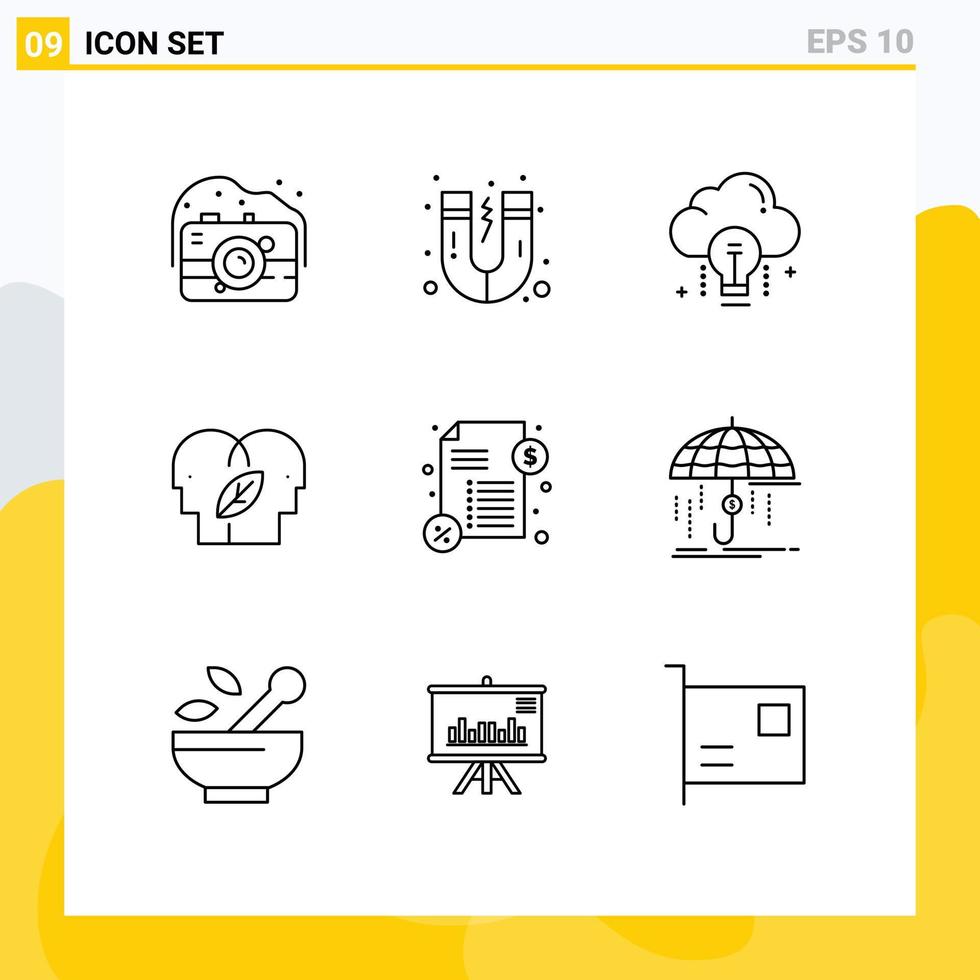 pacote de 9 contornos criativos de elementos de design de vetores eco editáveis de cabeça de mente de dinheiro