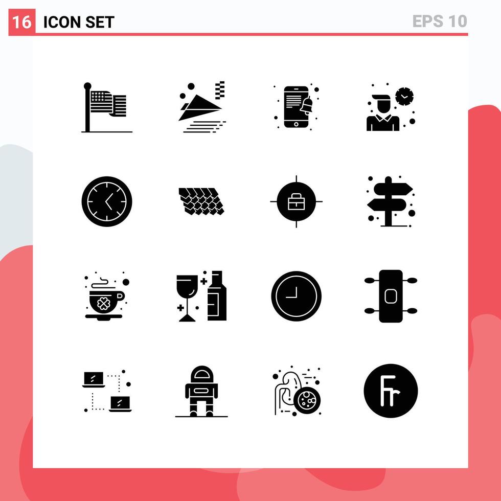 16 interface do usuário pacote de glifos sólidos de sinais e símbolos modernos de ferramentas de notificação de relógio de azulejo elementos de design de vetores editáveis