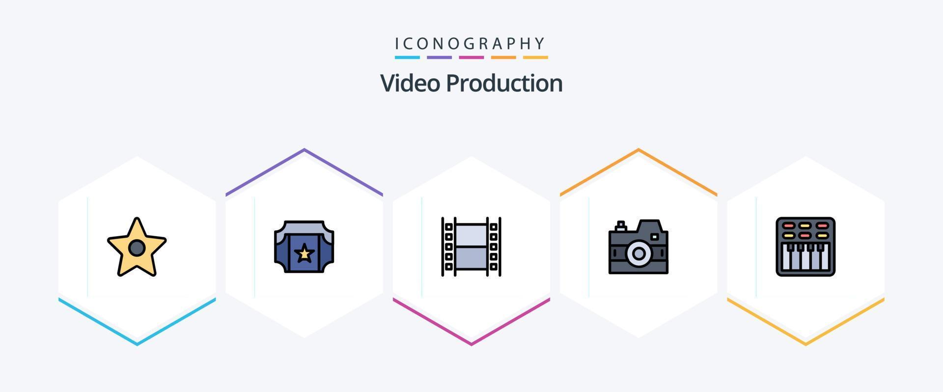 produção de vídeo 25 pacote de ícones de linha preenchida, incluindo som. filme. filme. cinema. foto vetor