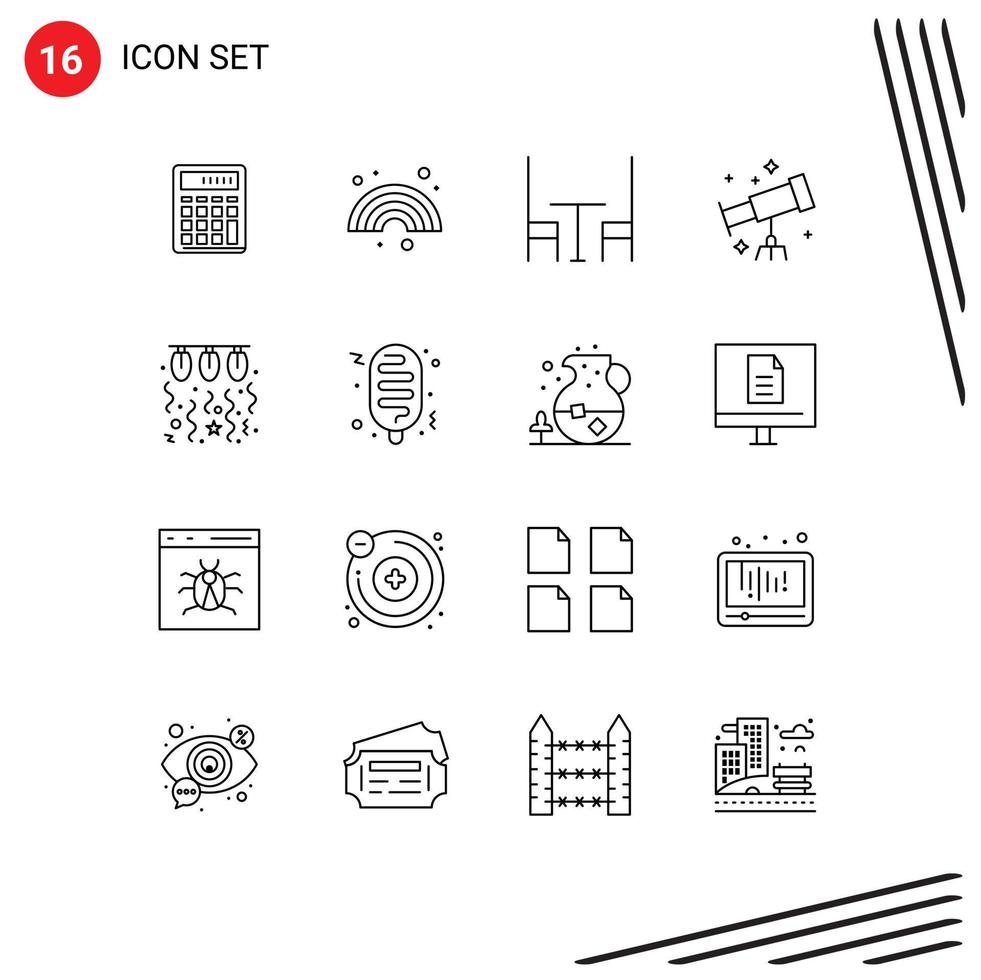grupo de símbolos de ícones universais de 16 contornos modernos de elementos de design de vetores editáveis de mesa de espaço de linha de telescópio de lâmpada